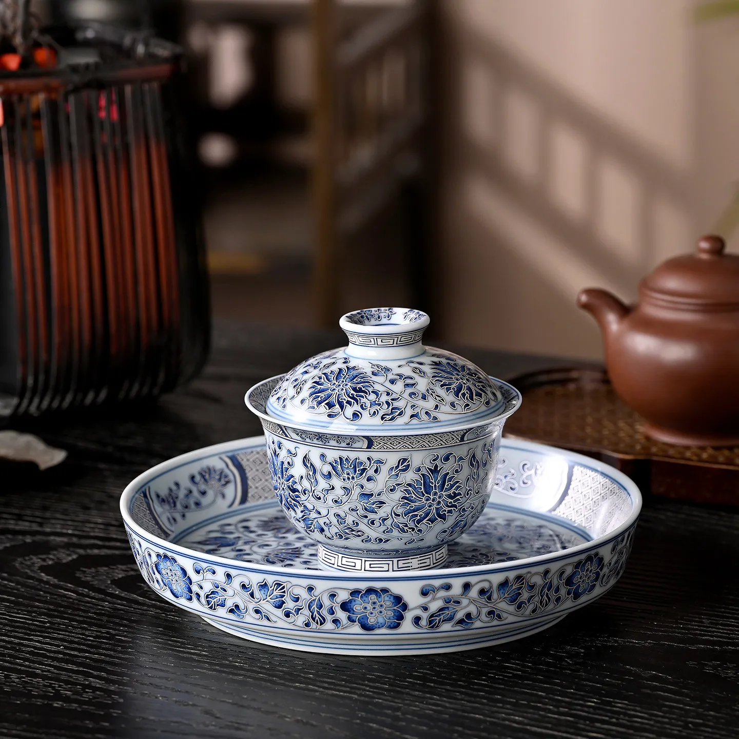 High-End Hand-Coated Silver Interlock Branch Hover Two Tureen Non-Scald Tea Brewing Bowl Household Ceramic Cup Large