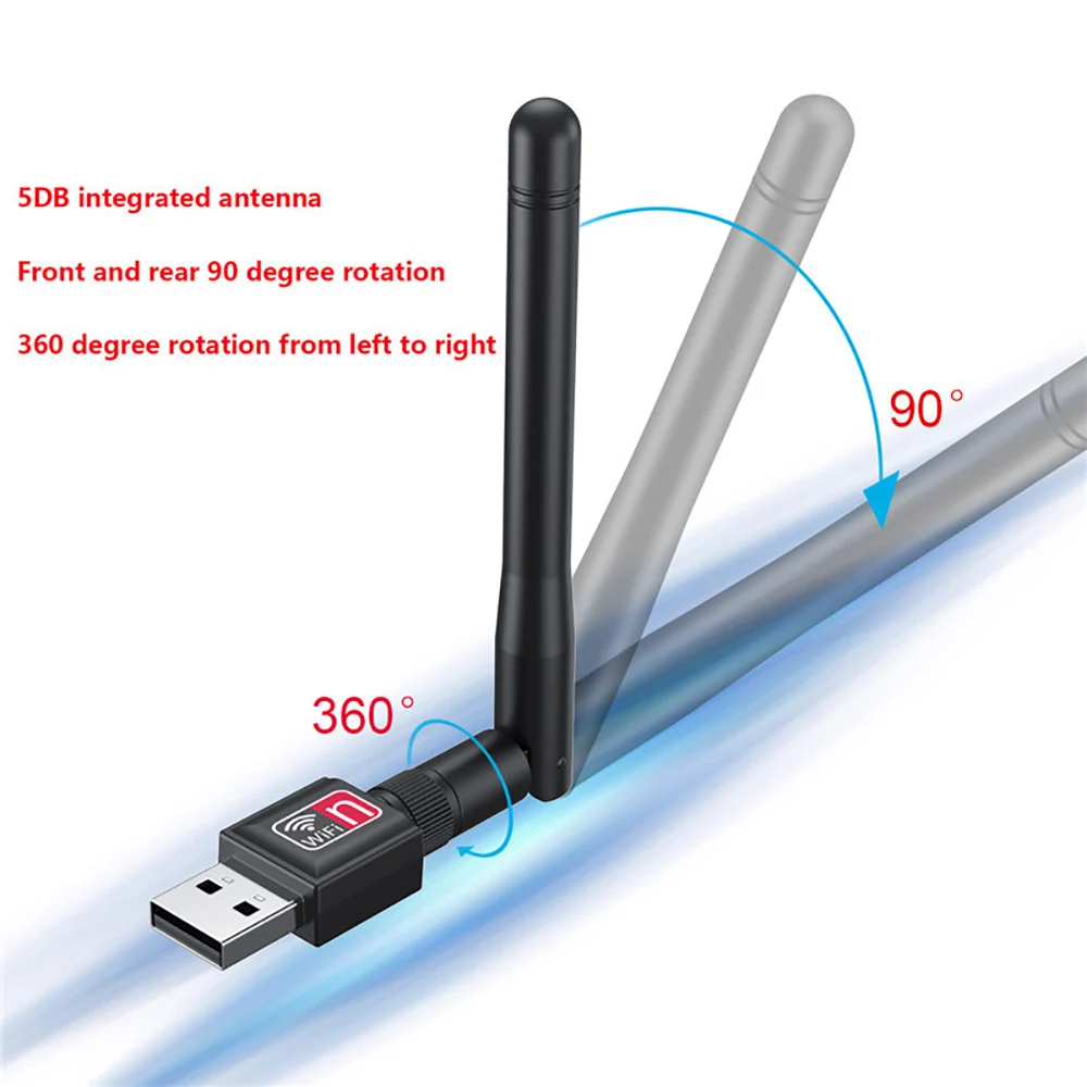 Adattatore USB WiFi 150Mbps Dongle Wi-Fi 2.4G Antenna di guadagno 5dBi 802.11b/g/n Ricevitore di schede wireless ad alta velocità USB 2.0 per PC/laptop
