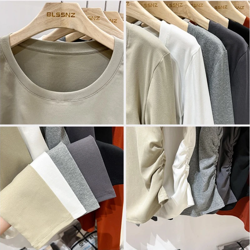 한국 스타일 심플 베이스 레이어 탑 2025 슬림핏 긴팔 O넥 여성 티셔츠 가을 사이드 플리츠 솔리드 다용도 티셔츠