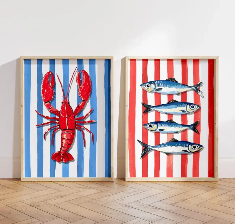 Lobster Sardines Blue Red Striped Canvas Prints Coastal Kitchen Wall Art Posters for Modern Living Room Fisherman Home Decor