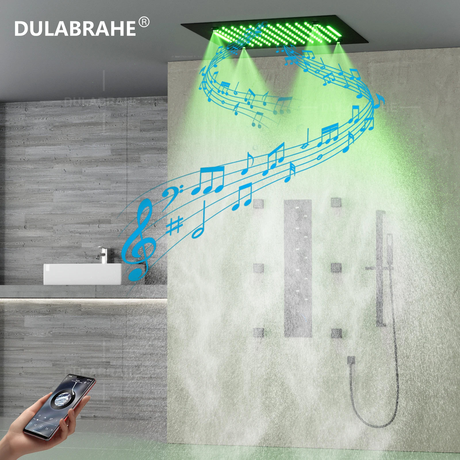 Large Size LED Music Shower System Thermostatic Concealed Shower Mixer Rainfall Shower Set Black Faucet System