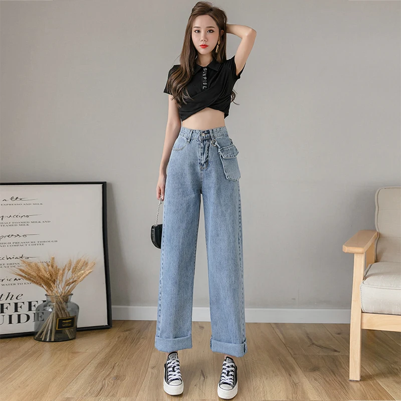 

Женские джинсы с высокой талией и широкими штанинами, весна-лето, новые, свободные, прямые, стройнящие, длинные брюки в пол, струящиеся, прямого кроя