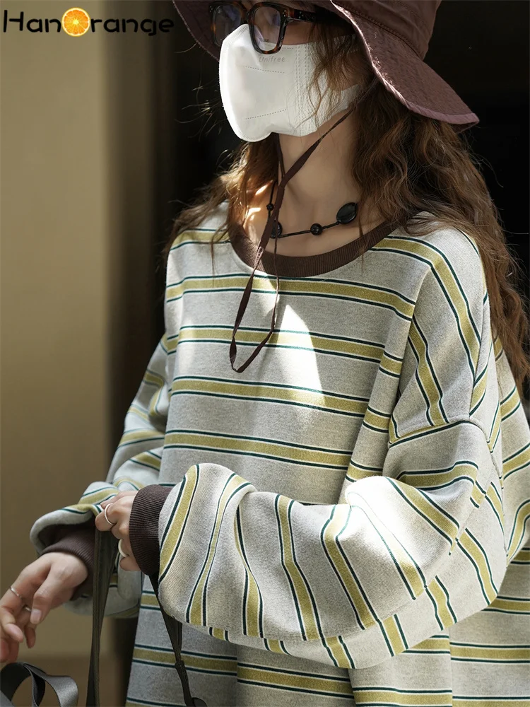 HanOrange 2025 Autumn Fashion Contrasting Bold Stripes Sweatshirt Women Loose Silhouette Top Gray