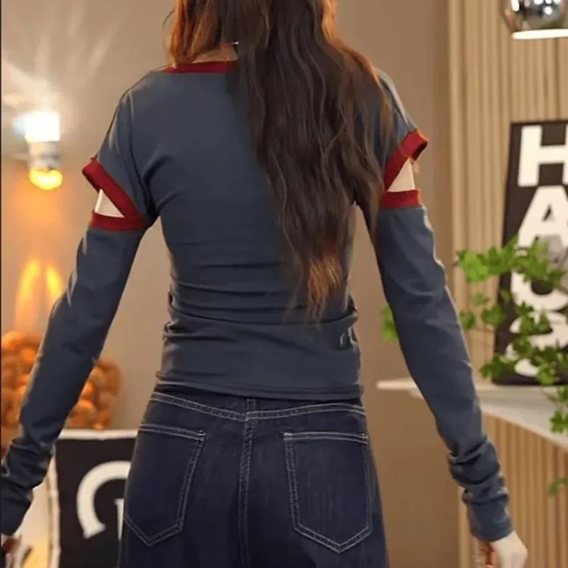 Office Lady Spring Autumn Round Neck Hollow Out Contrast Color Women's Clothing Long Sleeve Pullover T-shirt Casual Sweet Tops