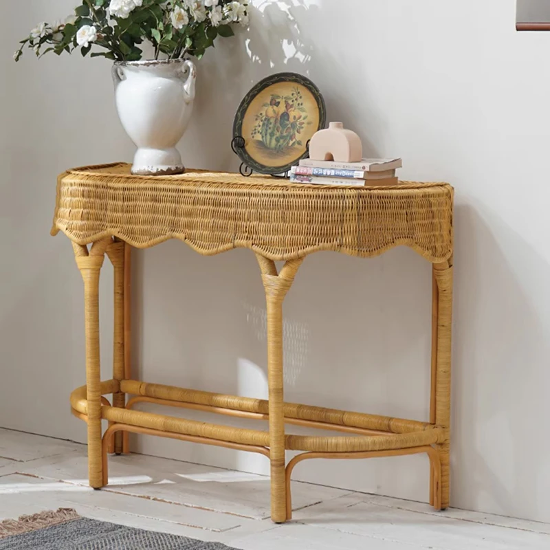 Minimalist Wabi Sabi Console Table Rattan Modern Entryway Rustic Console Table Vintage Living Room Mueble Salon House Furniture