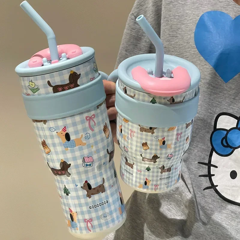 

700/1200ml Large Capacity Straw Thermos Cup Stainless Steel Tumbler Bottle Car Travel Mugs With Handle Kawaii Thermos Cup Gift