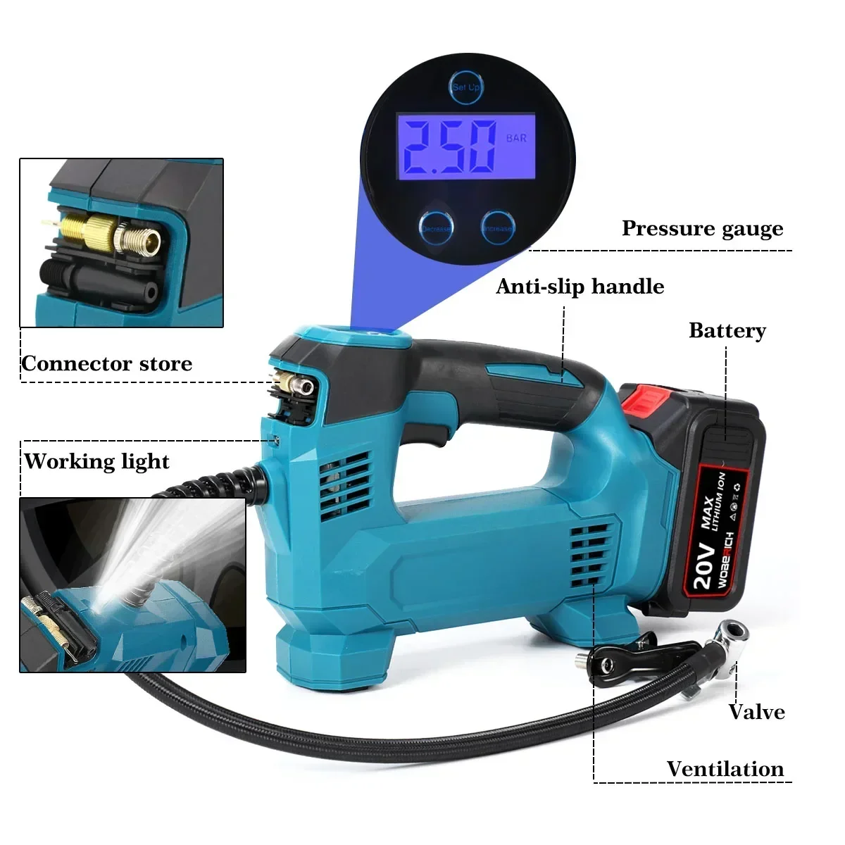 18V Powered cordless Electric Air Pump Electric inflator Car Tire Air Compressor Inflatable Pump For Makita 18V Battery