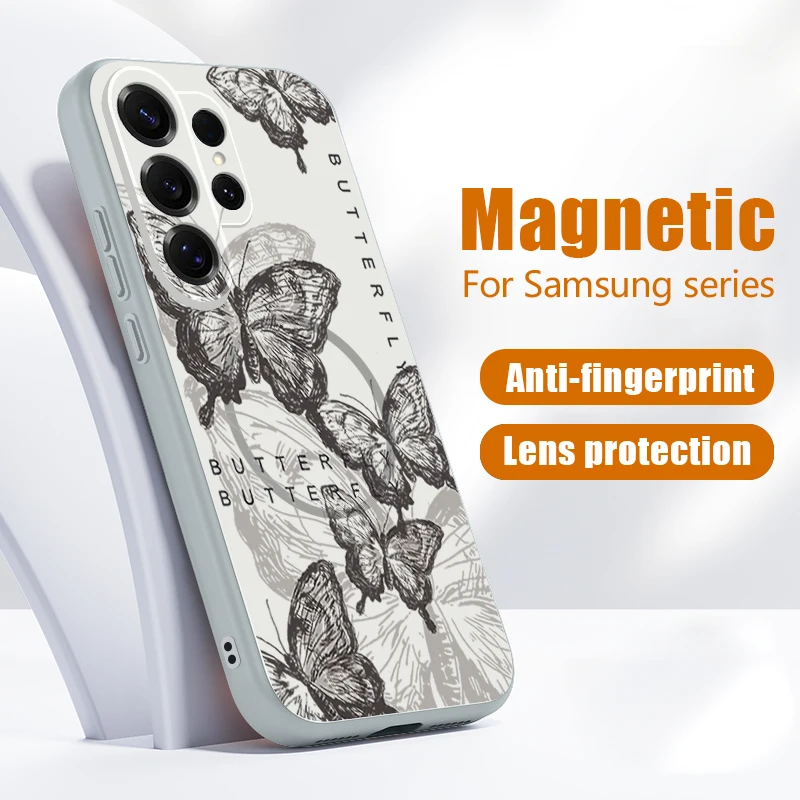 Magnetic For Magsafe Case For Samsung Galaxy S26 Ultra S25 Edge S24 Plus S23 FE S22 A54 A55 A56 5G Retro Butterfly Print Cover
