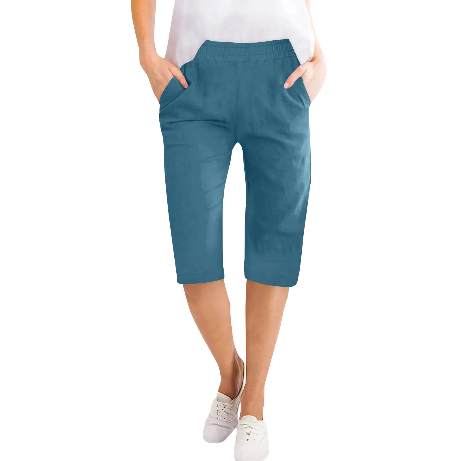 Womens Capris Cotton Linen Pants Drawstring Elastic Waist Pants Casual Cropped Trousers Daily Breeches Five Half Pants Pantalone