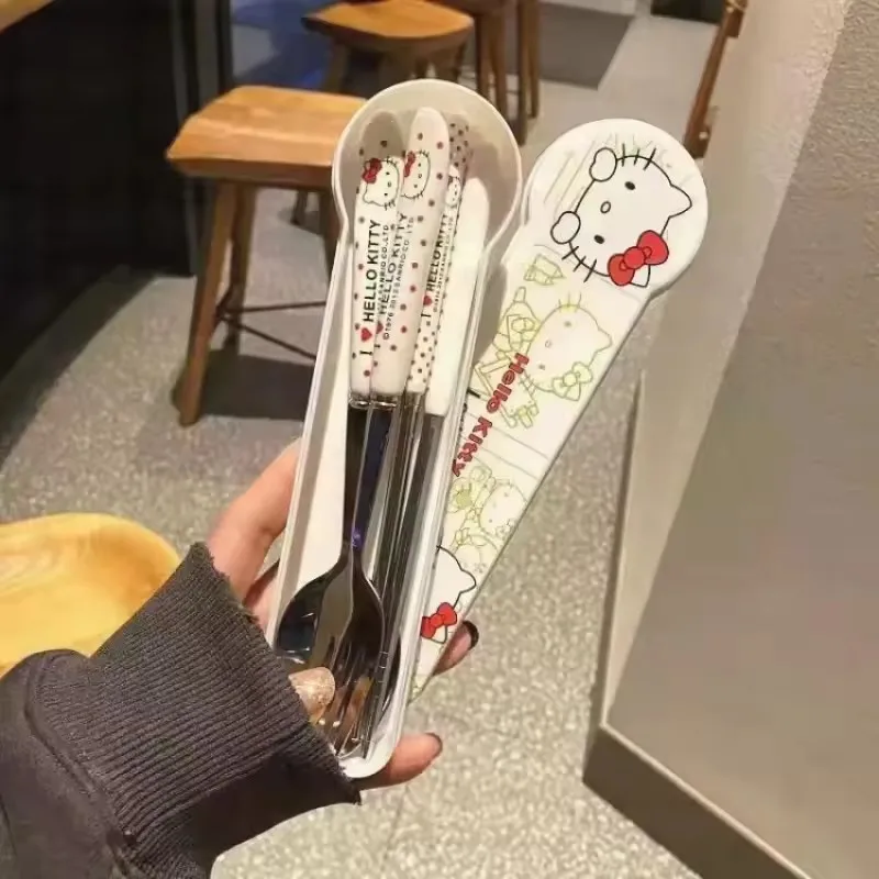 Hello Kitty Cartoon Cute High Appearance Chopsticks Spoon Set Stainless Steel Office Worker Portable Tableware view 2