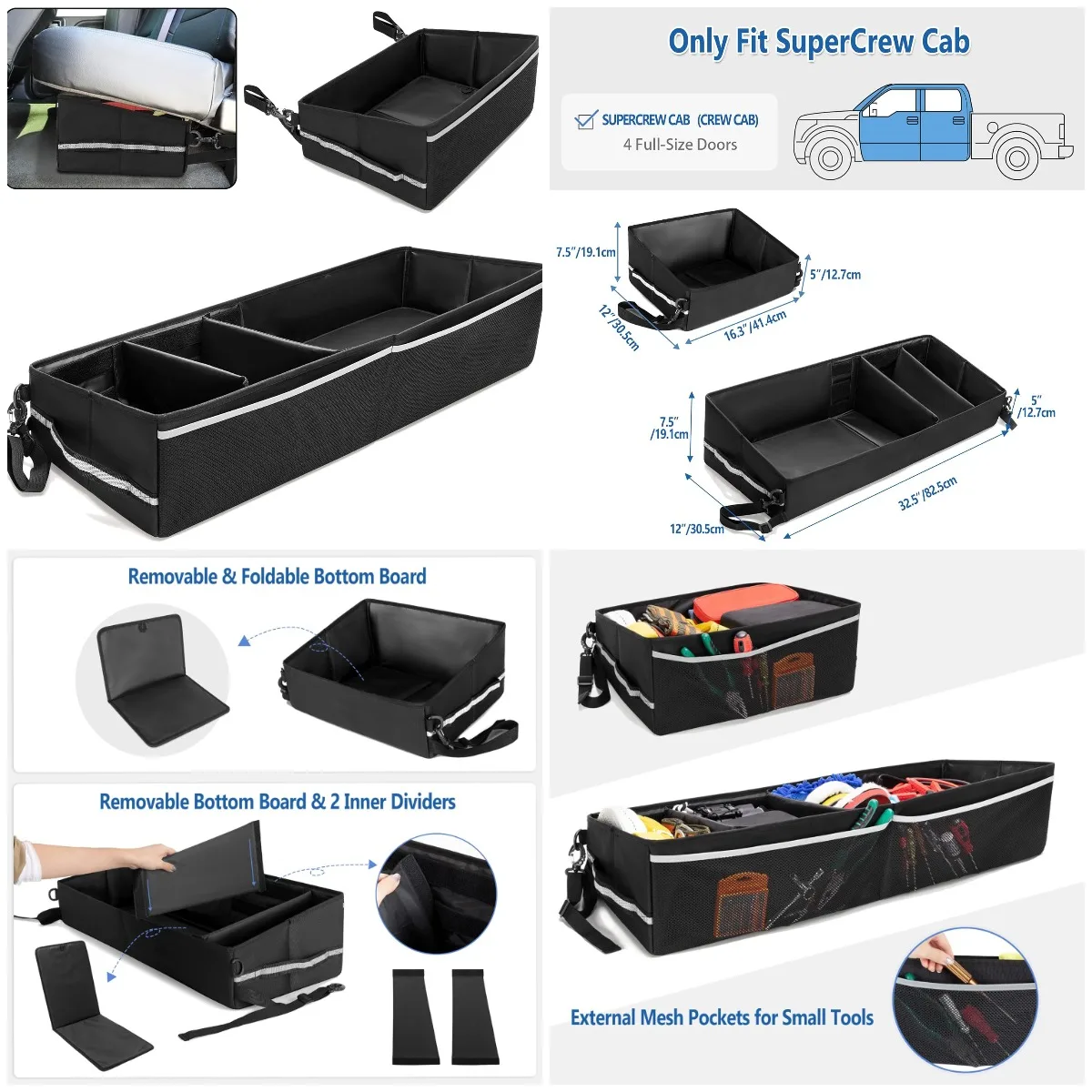 

Багажник под сиденьем для Super Crew, черный органайзер со съемным дном, ручками и ремнями-кнопками