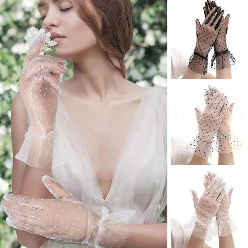 1-3pairs Sexy Transparentes Dot Print Black White Mesh Tulle GloveSpring Summer Thin Short Glove Club Prom Party Dress Glove