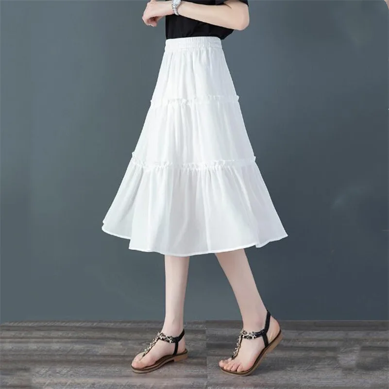 กระโปรงชีฟองวินเทจสำหรับผู้หญิง ฤดูร้อน 2026 กระโปรงทรงเอ ระบายชาย กระโปรงยาวปานกลาง กระโปรงชายหาดสำหรับผู้หญิง