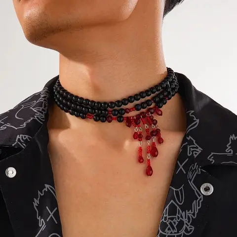 Halloween Men’s Pearl Choker Necklace Red Crystal Tassel Blood Drop Multi Layer Gothic Vampire Party Necklace Gift for Him