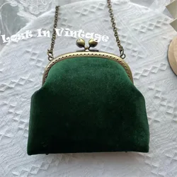 Lost in Vinatge Petrol Green Velvet Clasp Clutch Beset with Pearl Chains Bag Snap Closure Frame Gold Metal Strap Evening Party