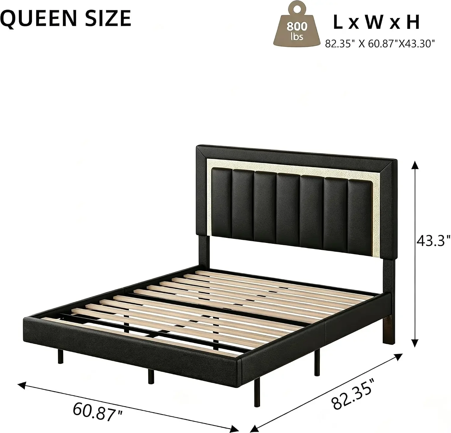 Floating Bed Frame Queen Size with Smart LED Lights, Faux Leather Black Queen Bed Frame with Diamond Headboard, No Box Spring