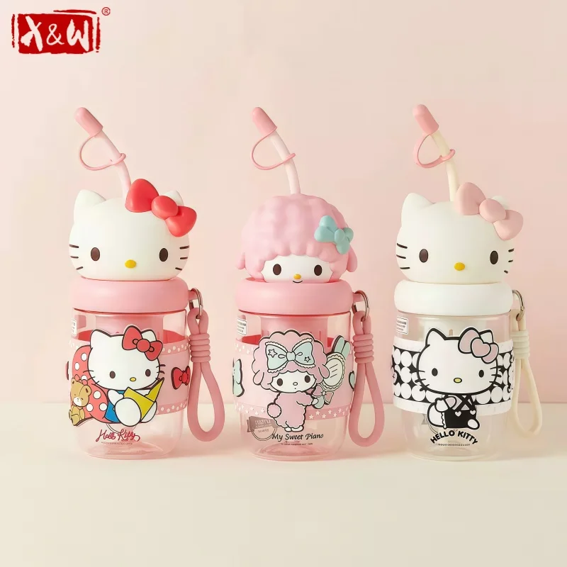 X&W Sanrio Plastic Water Bottle Cartoon Straw Mug with CarryIing Rope＆Cute Lid Summer Cold Drink Tea Tumbler Sports/Travel Cup