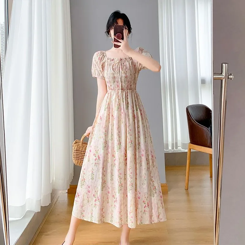 

New Puff Sleeve Square Neck Floral Print Maiden Prairie Chic Dresses Small Women's Tea Break French Tight Calf Length Long Skirt