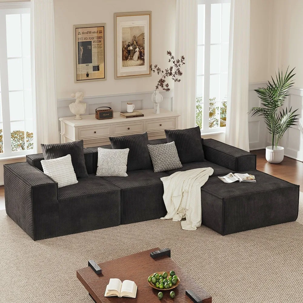 

110 Modular Cloud Couch with Movable Ottoman - L-Shaped Sectional Sofa for Living Room, Plush Corduroy Fabric, Memory Foam