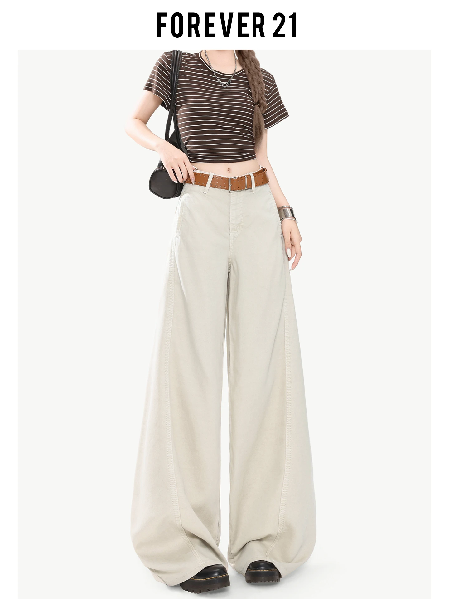 Calça jeans feminina estilo americano, perna larga, cintura alta, versão drapeada, calça super longa Forever 21