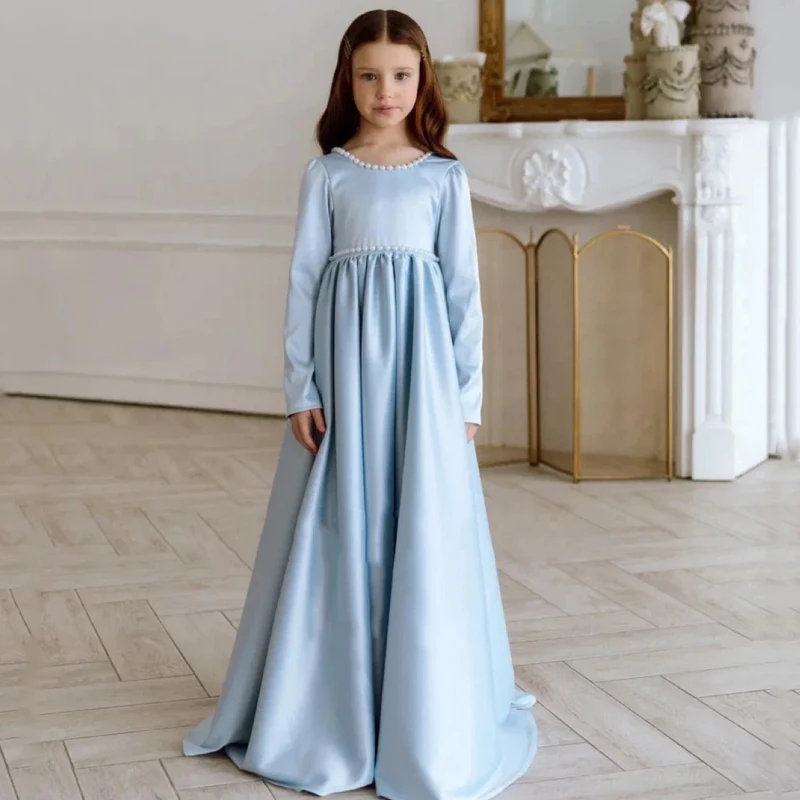 

Flower Girl Dresses Sky Blue Satin Pearls With Bow Belt Long Sleeve For Wedding Birthday Party Banquet Princess Gowns