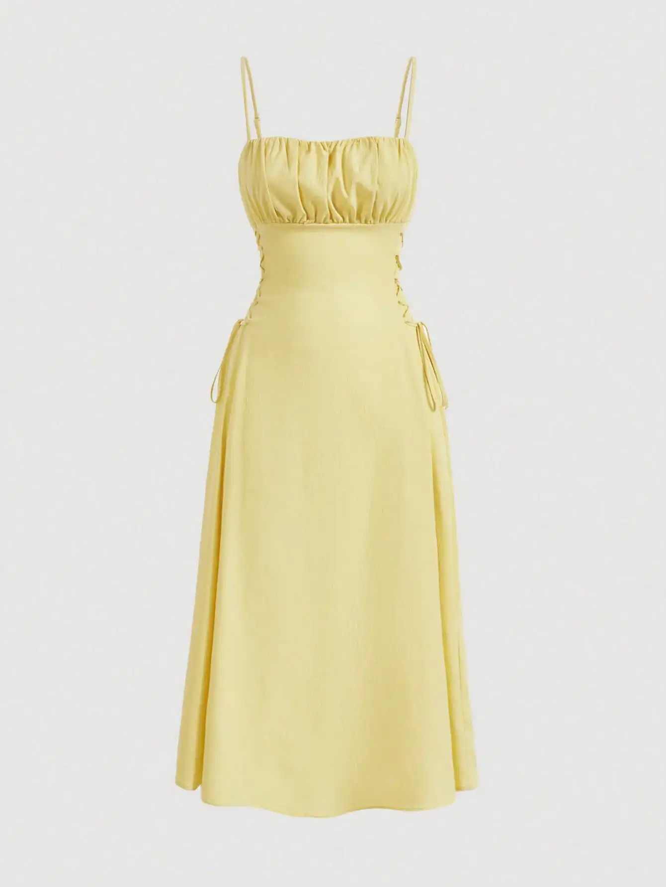 

Желтое платье-комбинация с драпировкой на груди и боковой шнуровкой, А-силуэт, миди
