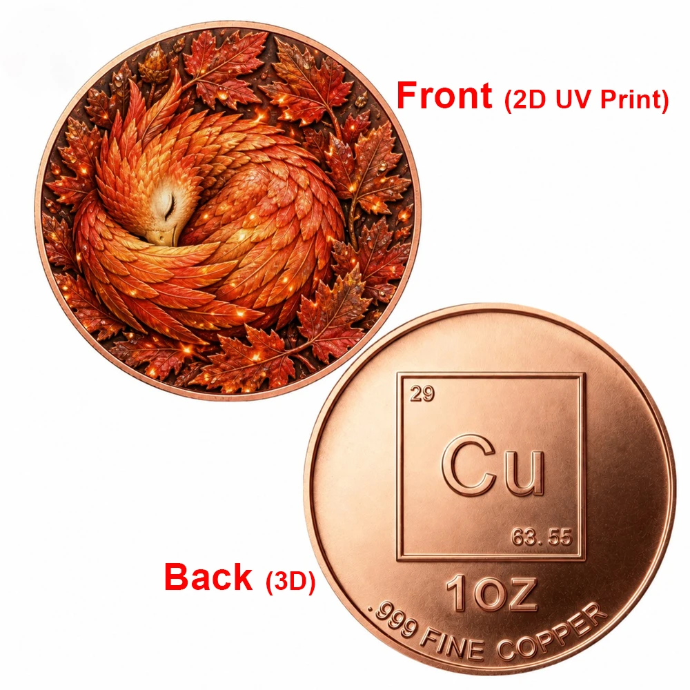 1pc 1oz .999 Fine Copper Autumn Phoenix Commemorative Coin 2D Print Sleeping Phoenix Challenge Coin Wildlife Gift for Myth Fans