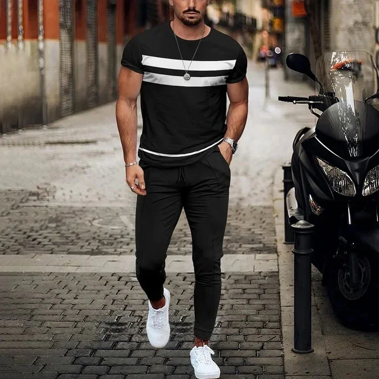 Men\'s Fashion T-Shirt Grid 3D Printed Men\'s Sets Casual Suit