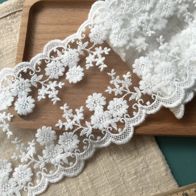 1Y White Cotton Embroidered Flowers Lace Fabric Ribbon Trim Curtains Dresses DIY Sewing Supplies 13.5CM Wide