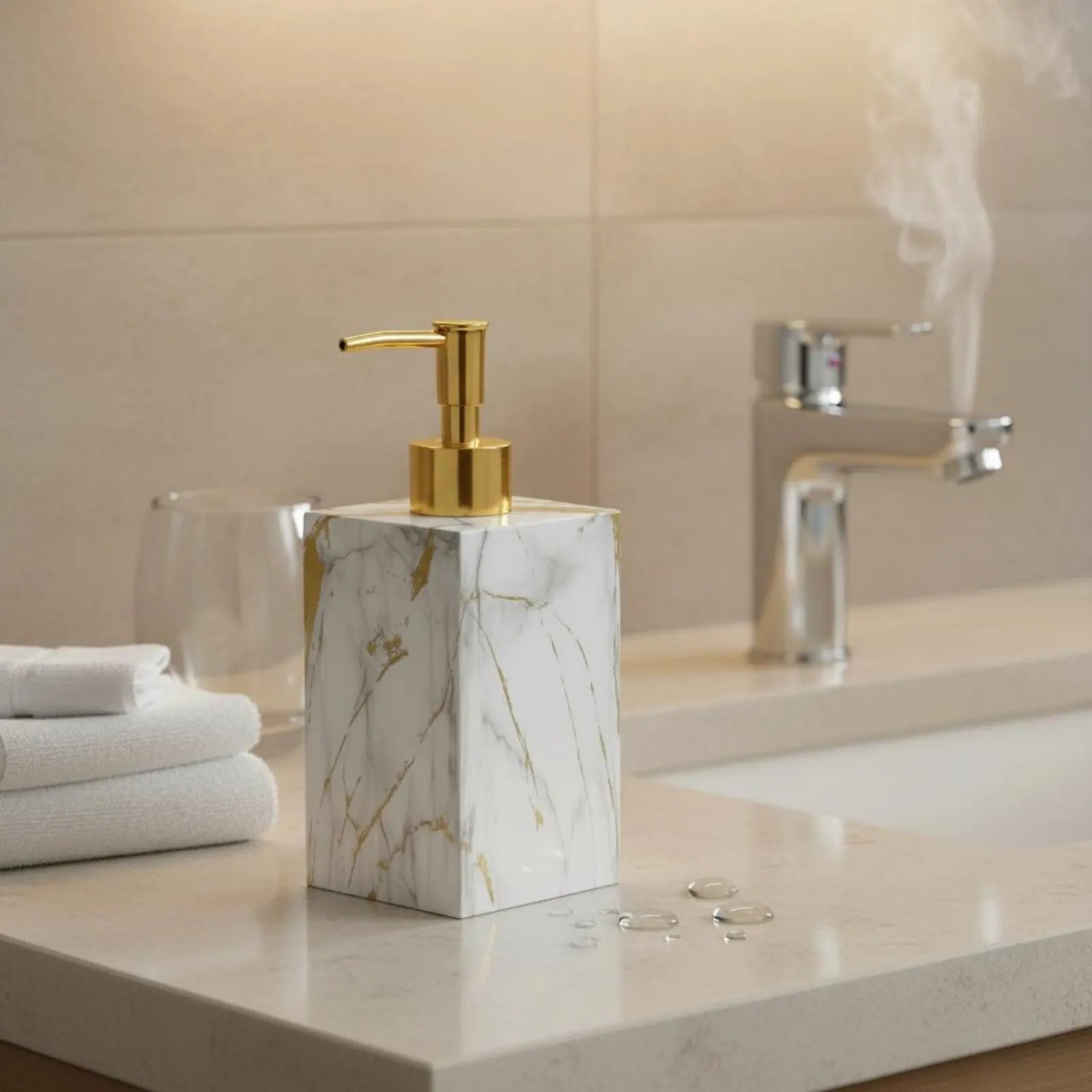 

Marble Pattern Liquid Dispenser Easy to Clean Resin Lotion Pump Bottle Refillable Shower Gel Bottle Waterproof for Hotels, Hotel