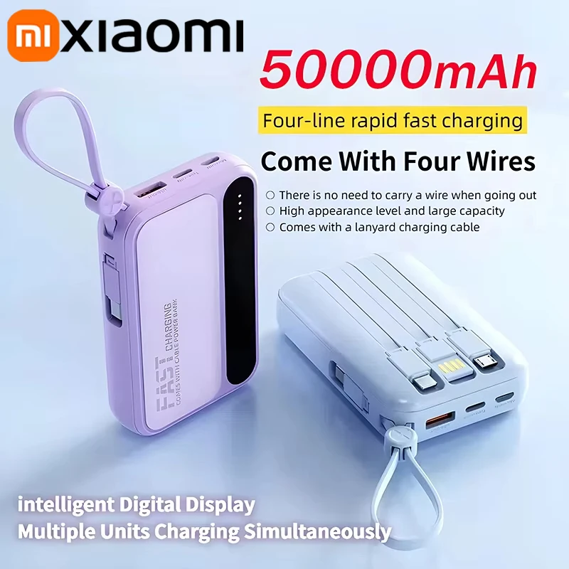 Xiaomi المدمج في الكابلات قوة البنك 4 In1 50000mAh سعة كبيرة ذكي شاشة ديجيتال ضوء بطارية محمولة لسامسونج