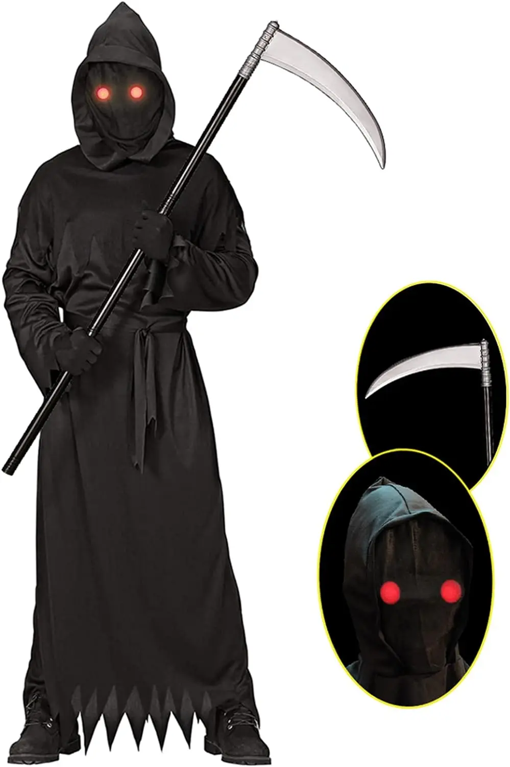 

Halloween Costume Grim Reaper Glow In The Dark Death Ghost Scary Costumes with Glowing Red Eyes for Kids Scythe Included