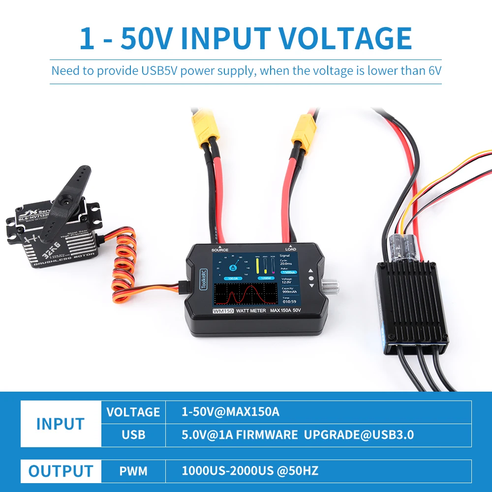ToolkitRC WM150 150A 50V Watt Meter Power Analyzer LCD Display Power Voltage Current Tester PWM Output for RC FPV Drone