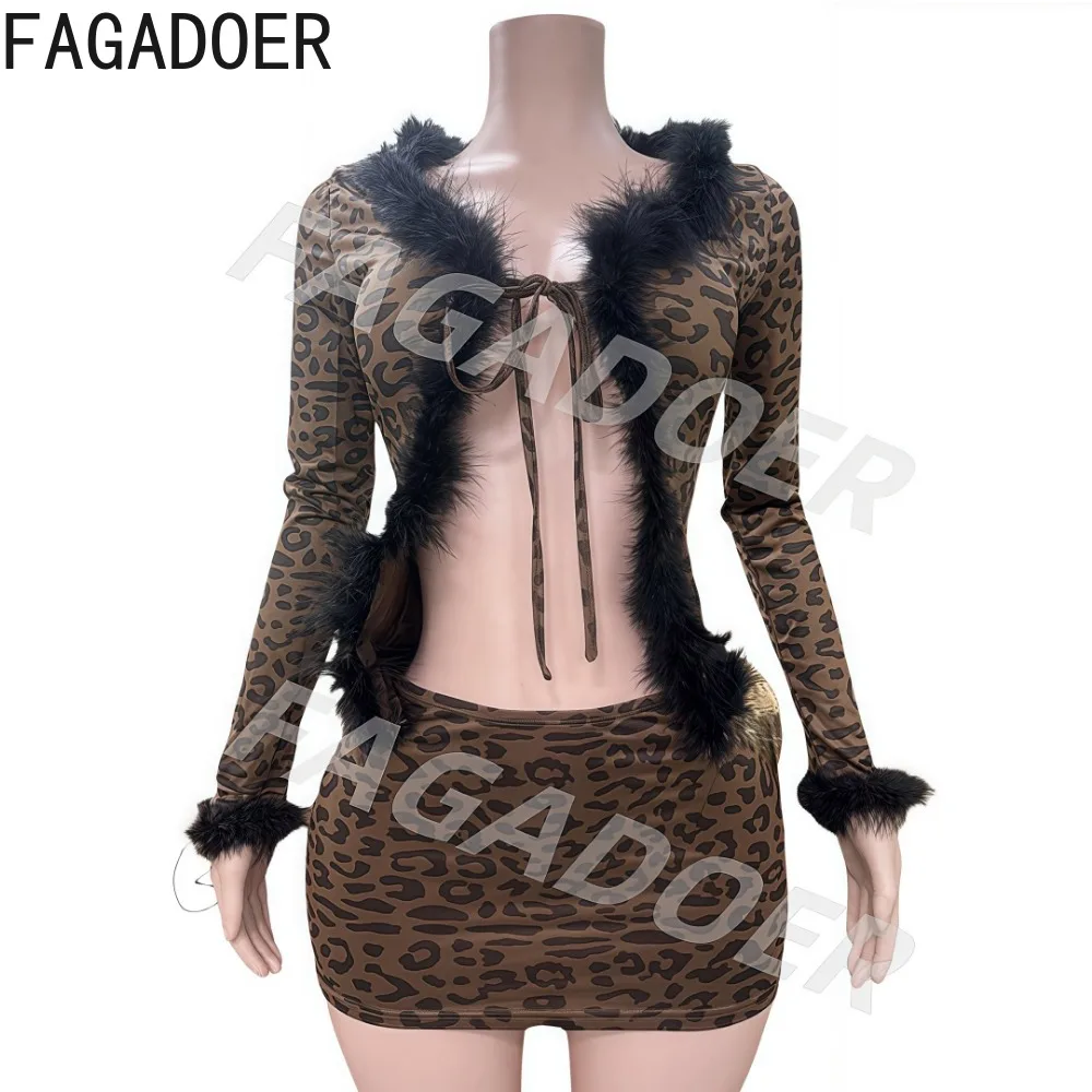 Fagadoer leopardo impressão sexy conjunto de duas peças para as mulheres rendas até pele retalhos colheita topo + mini saia terno feminino streetwear primavera nova