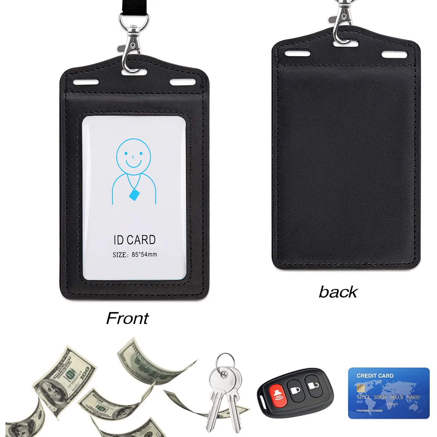 Badge Holder Trifold Leather Card Holder with Clear ID Window and Detachable Lanyard for Business Worker Black