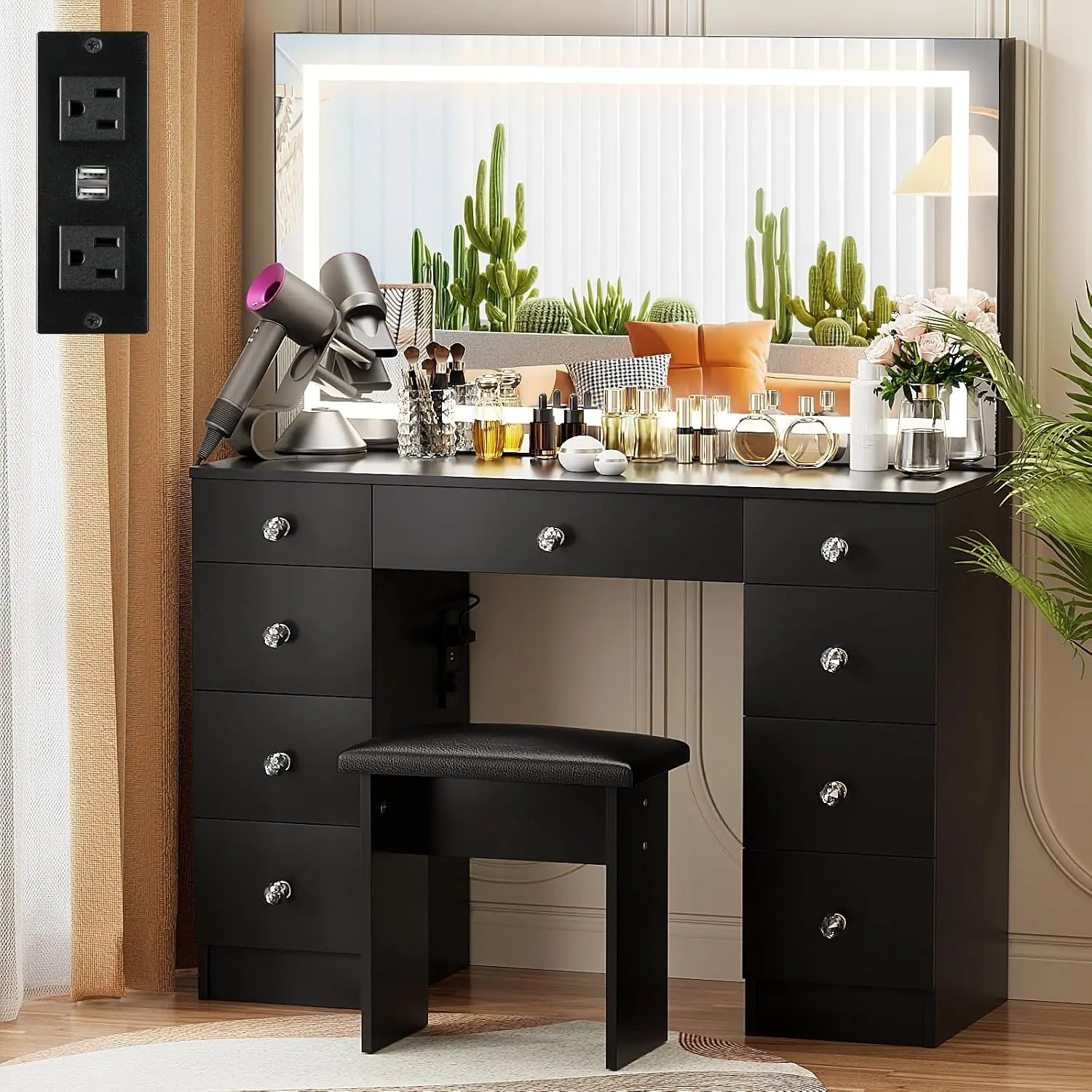 Vanity Desk Lighted Mirror 9 Drawers Power Outlet Bedroom Dressing Table, Customized