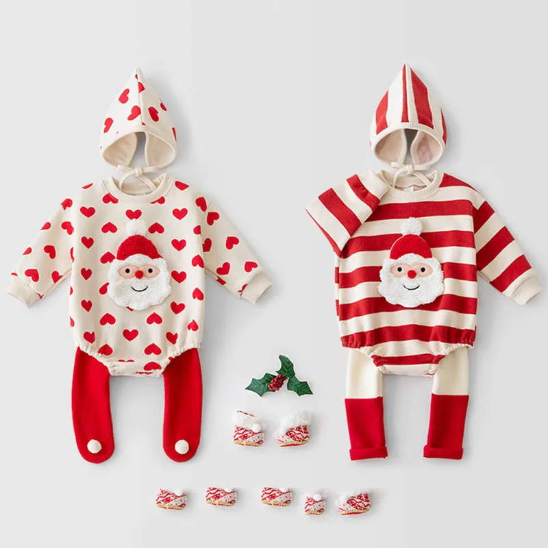 

Christmas Clothes Cute Love Print Long Sleeves Jumpsuit New Yea Plush Baby Romper + Hat 2Pcs Warm Set Autumn Winter Wear
