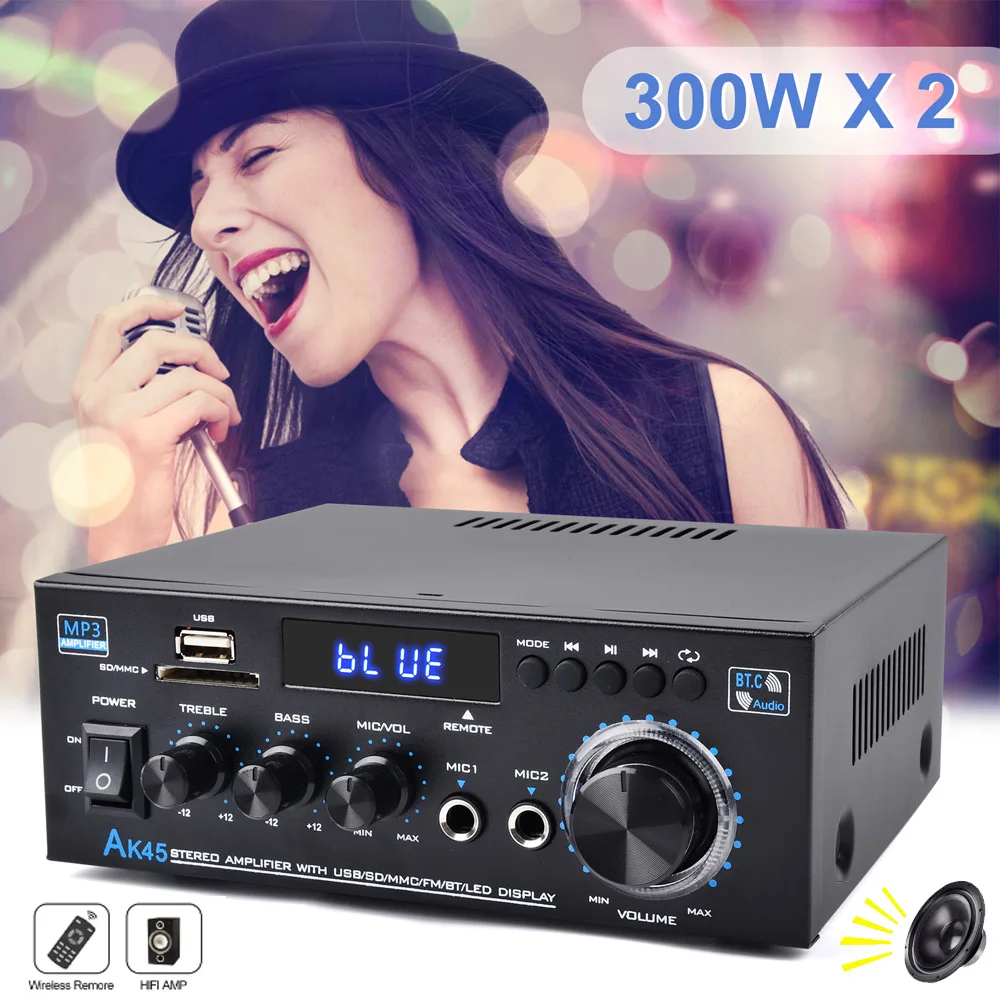 300WX2 Output Digital Amplifier Bluetooth 5.0 Power Amplifier Channel 2.0 Max 400W Subwoofer Hi-Fi Audio Stereo Receiver AK45