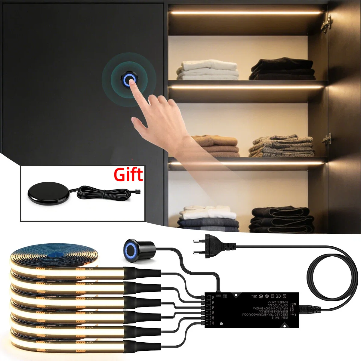 Multi Channel Control COB LED Strip Kit 1-10PCS Black PCB With Dimmable Touch Switch + Penetrable Sensor Switch for Cabinet Wall
