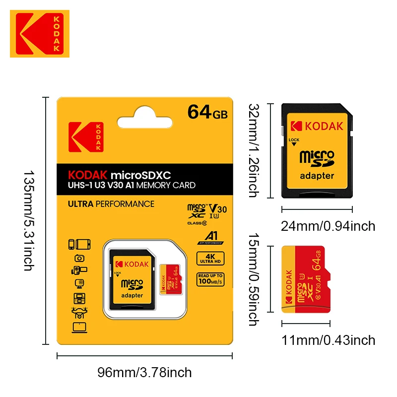 Kodak cartão microsd cartão de memória vermelho class10 32gb 64gb 128gb 256gb u3 4k memória flash de alta velocidade tf cartões flash para telefone