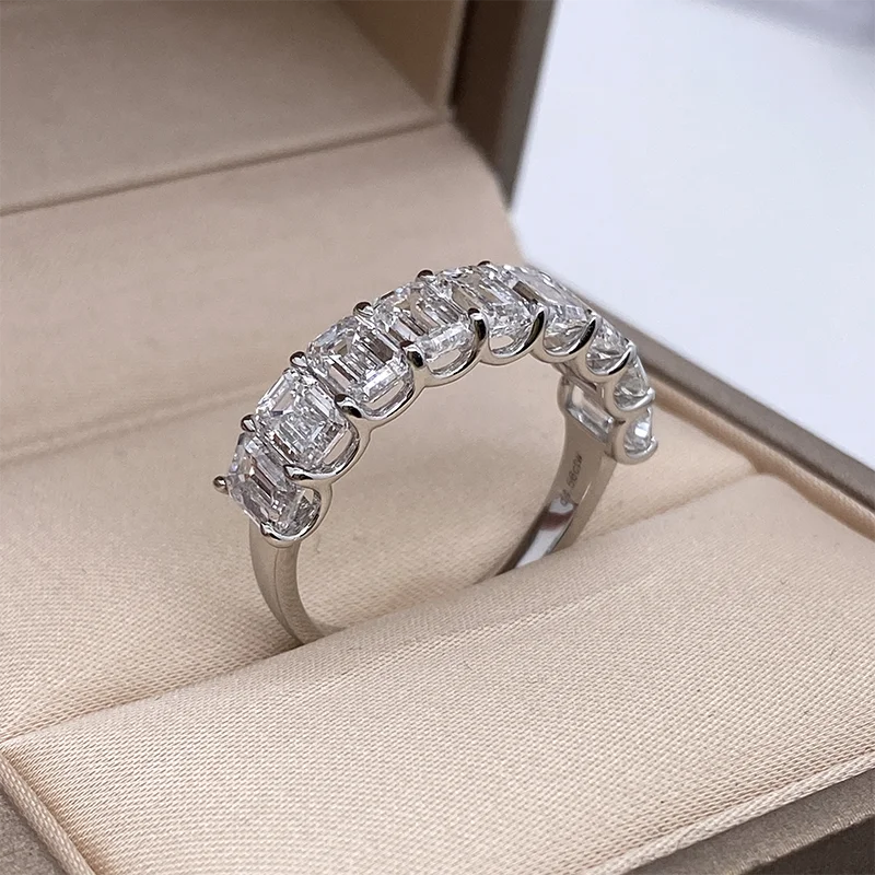 4.5ctw DEF Color VS Emerald Cut CVD HPHT Lab Grown Diamond 9 Diamond Band 14k White Gold  Engagement Wedding Ring