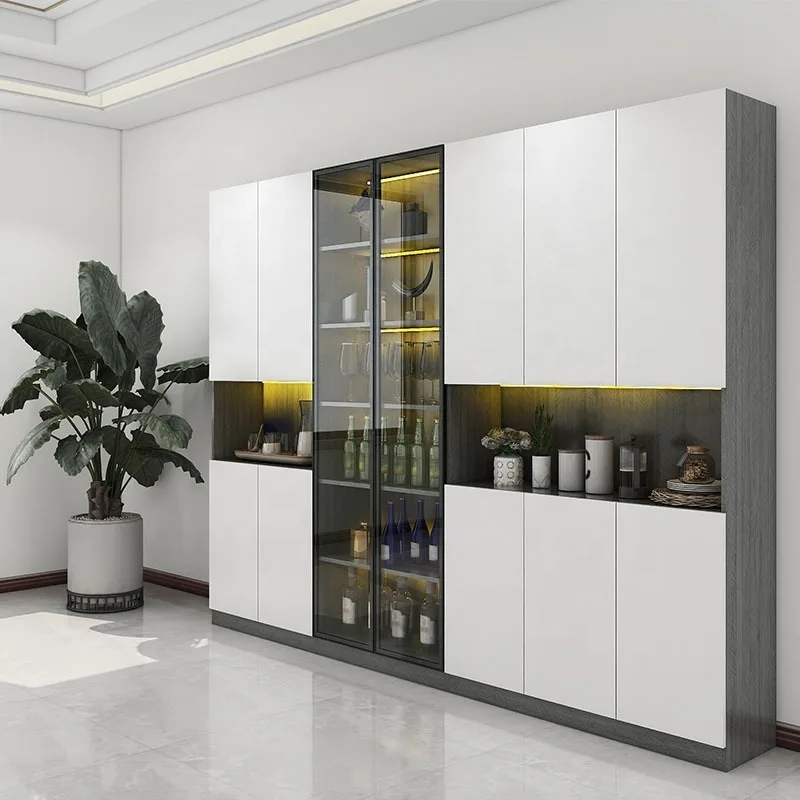Modern Type Large Storage Cabinet Wood Material Led Light Corner Bar Wine Display Side Cabinet