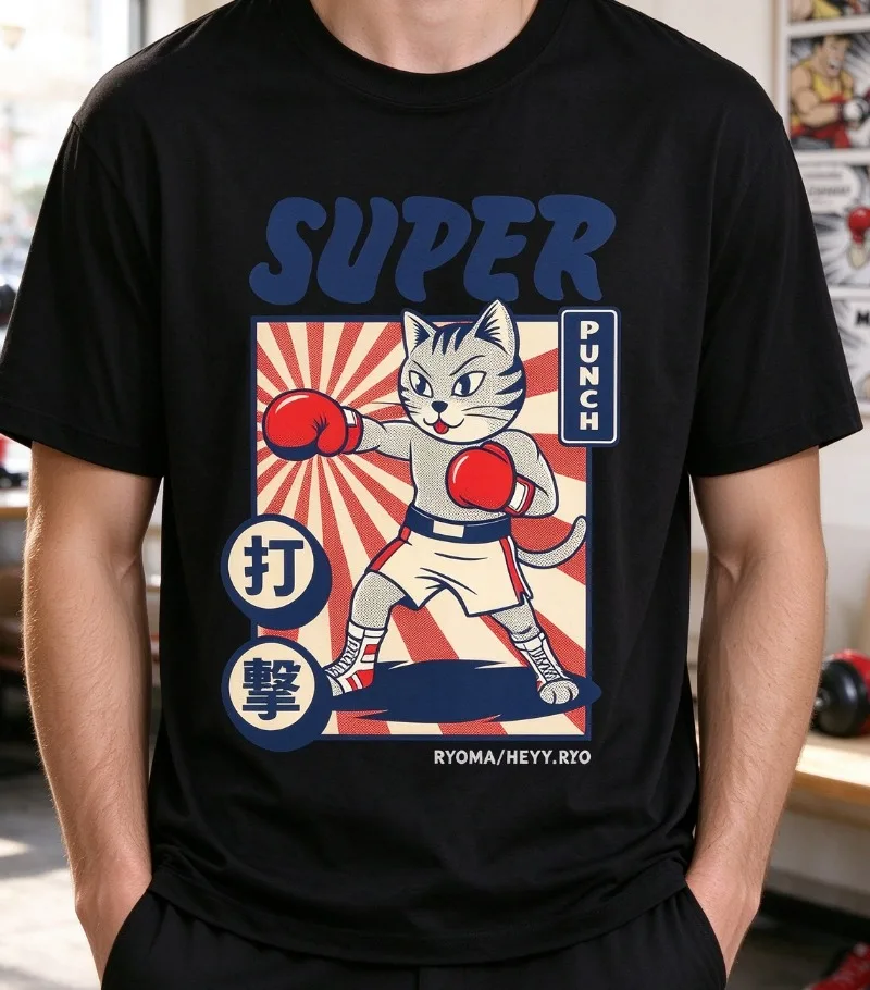 SUPER PUNCH T Shirt Men Boxing Cat Graphic Print Vintage Manga Comic Style Casual Top Soft Modal Crewneck Streetwear Tee