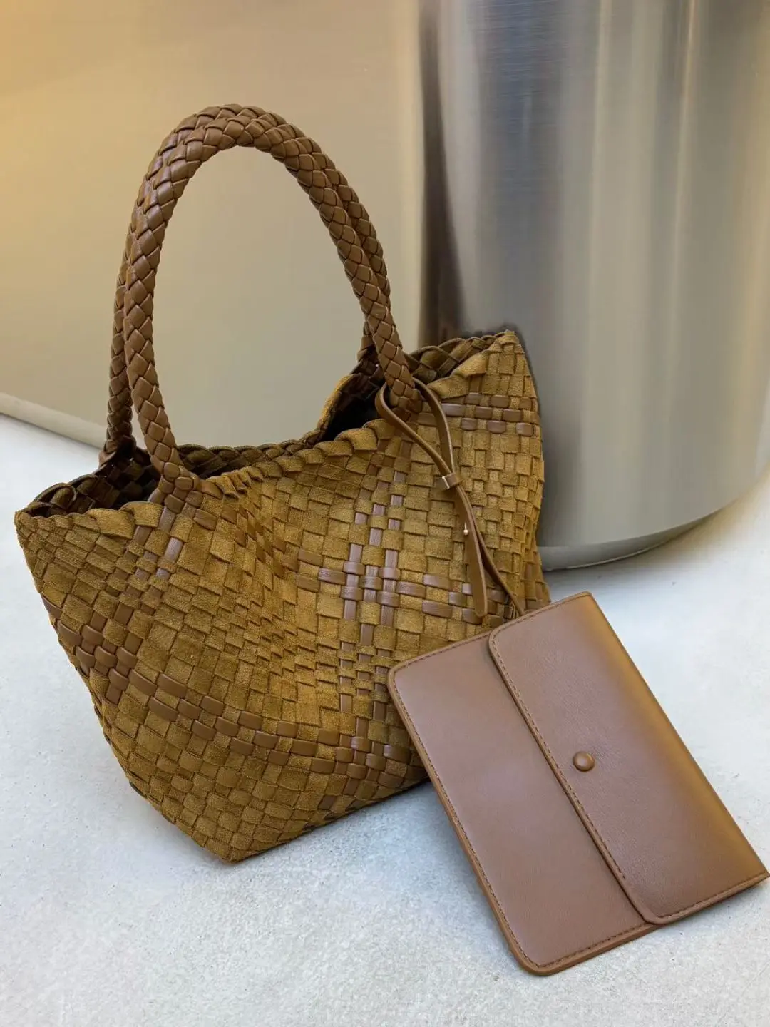 handwoven-suede-leather-tote-bag-women's-commuter-bag-autumn-winter-new-style-row-splicing-high-end-feelings-cocomonica-brand