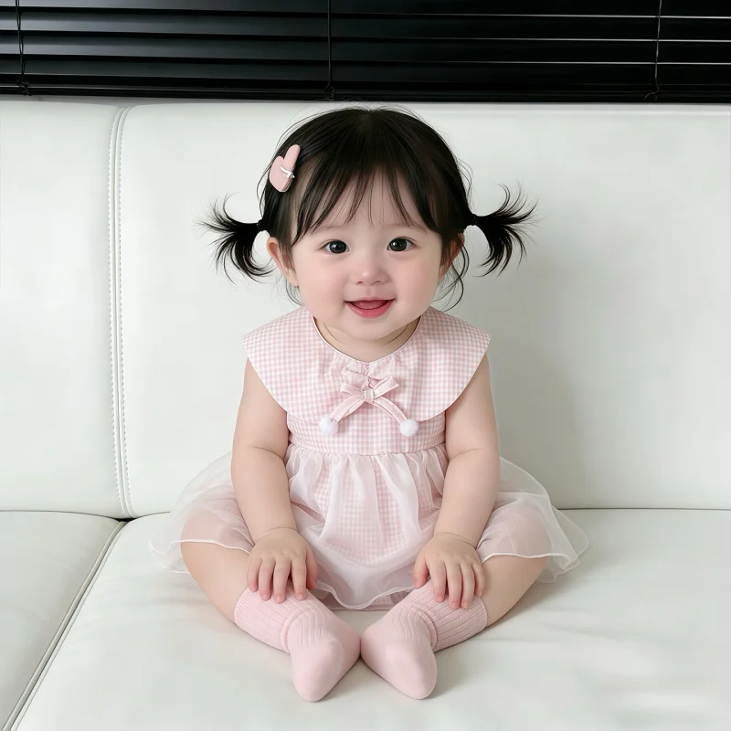 Summer Infant Sweet Plaid Mesh Dress, Summer Tank Dress for Baby Girls, Cute Bow Dress