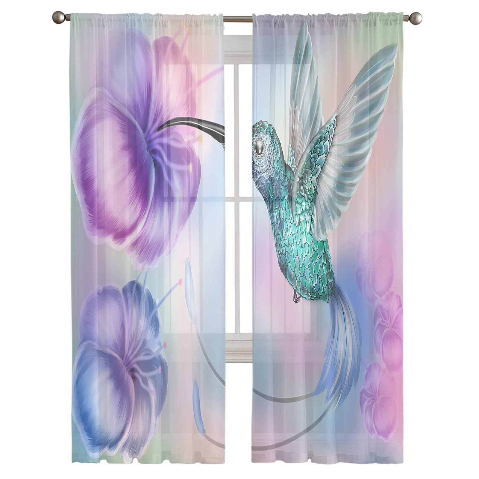 Colorful Hummingbird Flower Pattern Window Curtains Bedroom Modern Drape Sheer Tulle Valances Living Room Kitchen Voile Curtain