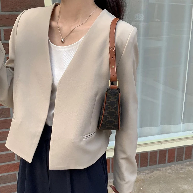 

Chic mat V-Ne Long Sve ort Pure Color Casual Suit Jaet for Women Trendy Commute Sle Loose Fit Autumn Outerwear