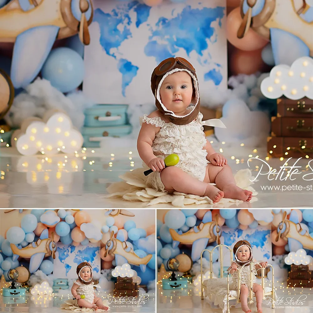 

Baby Shower Background Birthday Decoration Airplane Pilot Balloon Stars Lightbox Map Cake Smash Portrait Backdrop Photography