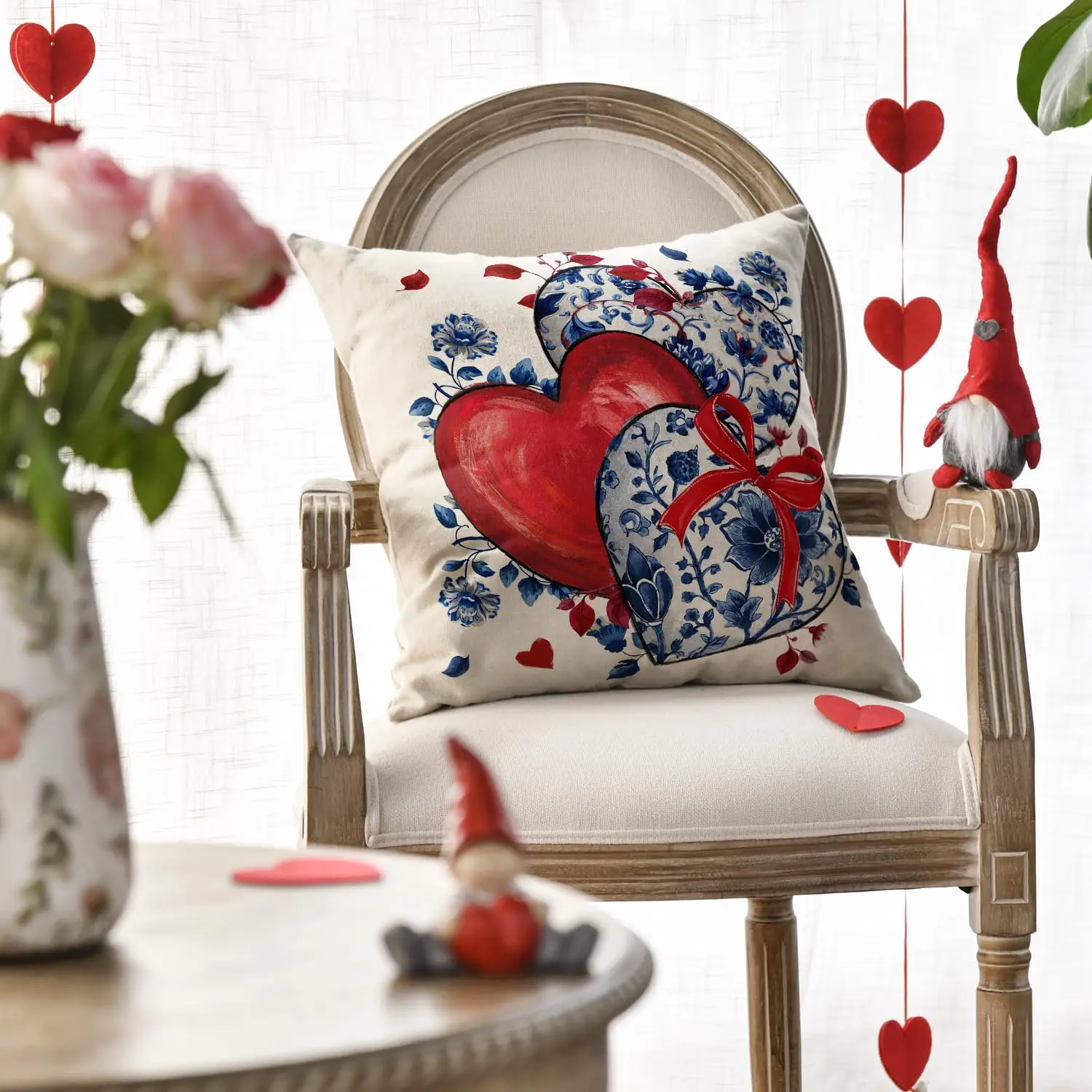 1 Pc Valentine's Day Red Heart Chinese Style Pillow Cover | Blue & White Porcelain Pattern Bow, Perfect for Anniversary