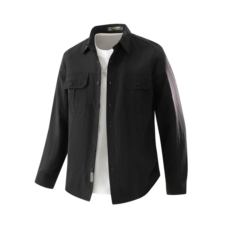 Men's plus Size Long Sleeve Shirt Business Casual Top Multi Bag Workwear for Spring And Autumn Washed Look